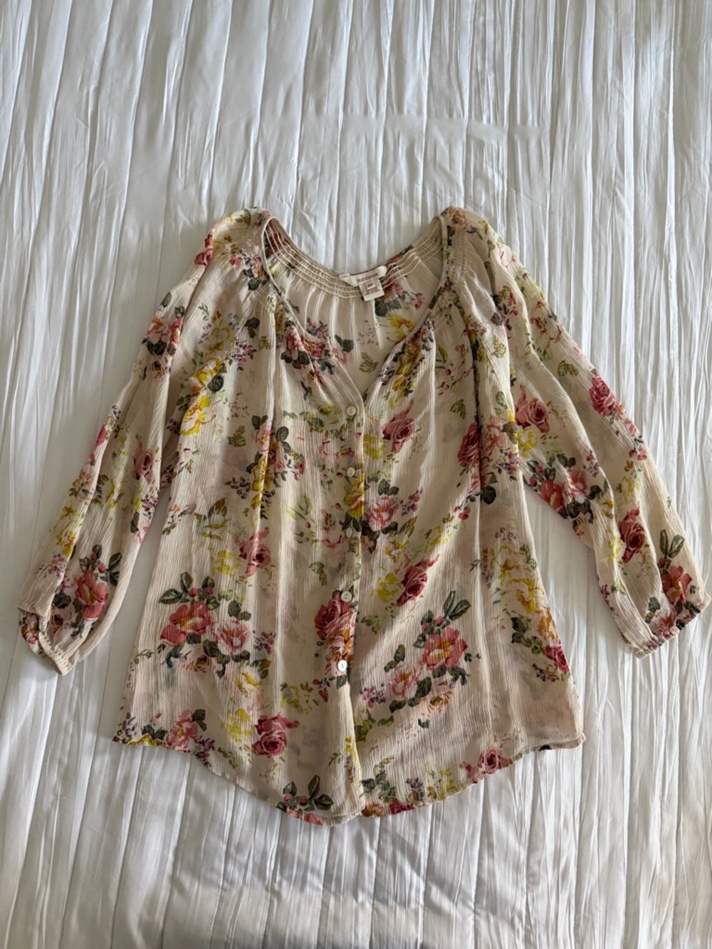 Sundance Cream Floral Button-Front Blouse with Pink & Yellow Roses